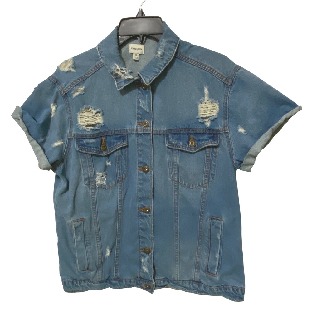 Womens Distressed Denim Short Sleeve Jean Jacket M Grunge Rocker Coastal Cowgirl
